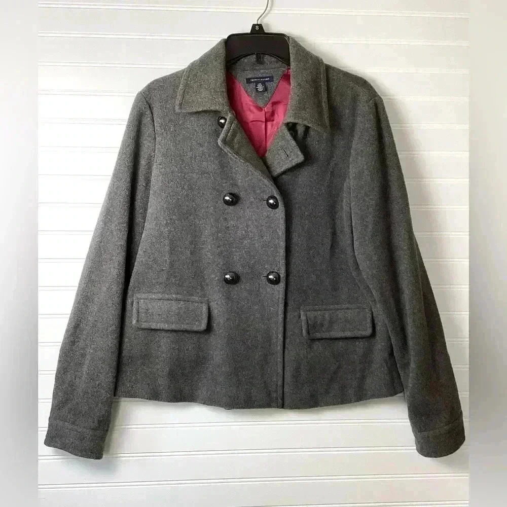 Tommy Hilfiger Gray Wool Double-Breasted Peacoat Women's Size Large Wool Blend